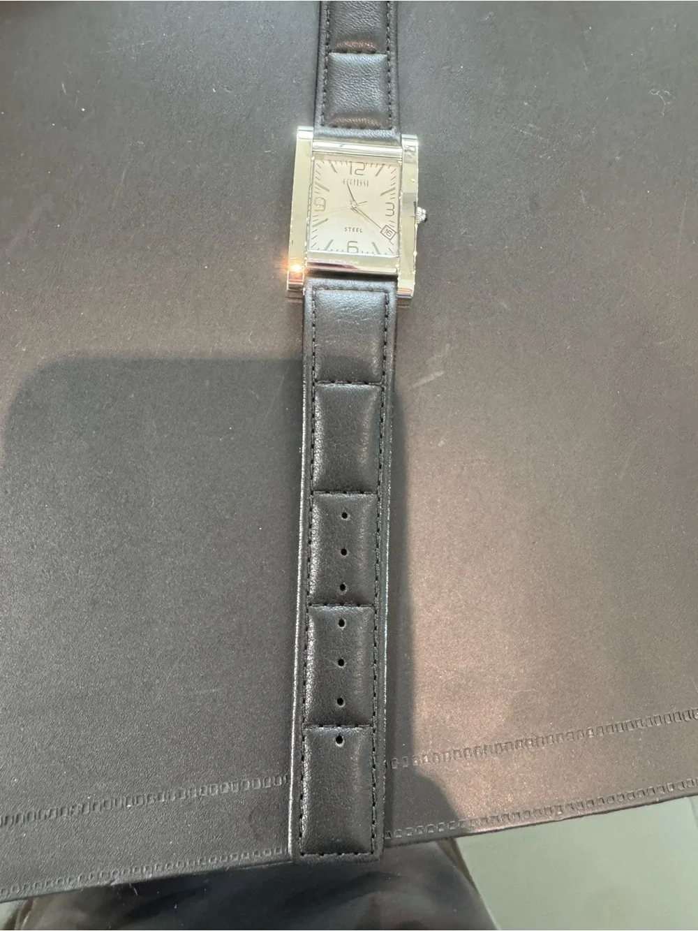 New Ecclissi Stainless Steel Tank-Style Rectangular Watch w/ Black Leather Band